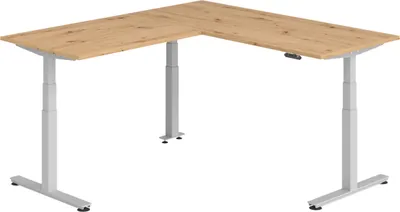 Produktbild von bümö Eckschreibtisch elektrisch höhenverstellbar L-Form - Gestell: Silber, Nachbildung: Asteiche, Größe: Eckschreibtisch 180 x 200 cm