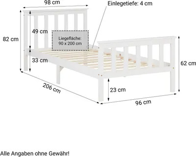 Produktbild von Homestyle4u Holzbett 90x200 mit Lattenrost Kinderbett Jugendbett Weiß Kiefer Massivholz Einzelbett