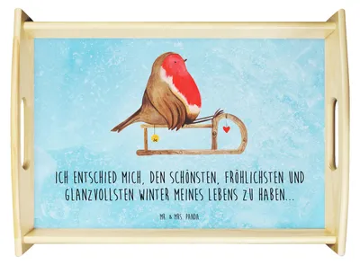 Produktbild von Mr. & Mrs. Panda Servier Tablett Rotkehlchen Schlitten - Eisblau - Geschenk, Serviertablett, Weihnachten, Holztablett, sofatablett, Vogel, holz