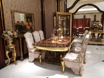 Produktbild von Esszimmer Set Garnitur Vitrine Tisch 6x Stuhl Kommode Spiegel Barock Gruppe Neu