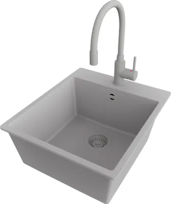 Produktbild von PRIMAGRAN Granitspüle Grau 43x50cm, Spülbecken 1 Becken + Küchenarmatur 38x14cm + Ablauf-Set, Küchenspüle ab 45er Unterschrank - Riga