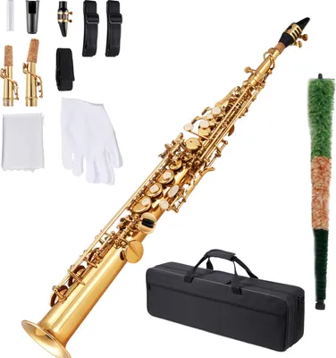 Image de SucceBuy Saxophone soprano en si bémol majeur, ensemble de saxophone en laiton avec étui de transport, bec, chiffon de nettoyage, baguette, gants et bandoulière, conception à 23 touches, idéal pour les débutants et les élèves, doré
