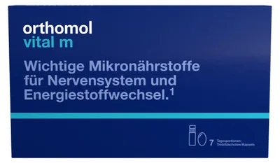 Produktbild von Orthomol Vital m für Männer - bei Müdigkeit - mit B-Vitaminen, Omega-3-Fettsäuren und Magnesium - Orangen-Geschmack - Trinkampullen/Kapseln, 7 St. Tagesportionen