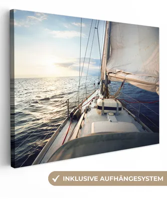 Produktbild von MuchoWow® - Leinwandbilder - Meer - Segelboot - Sonne, Wandbild, Wanddeko Bilder Wohnzimmer, 120x90cm