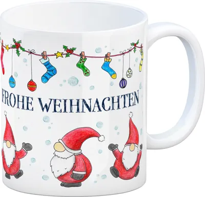 Produktbild von Kaffeebecher mit Weihnachtsmann Motiv und Spruch: Frohe Weihnachten Kaffeetasse