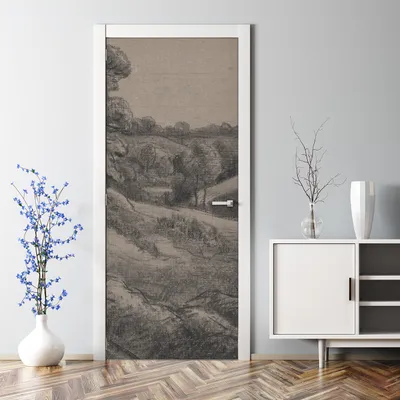 Produktbild von Dekorative Türtapete selbstklebend Klebefolie Türposter Türaufkleber Dorf Vintage Grau 77 x 200 cm