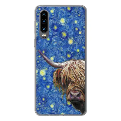 Produktbild von MuchoWow® Handyhülle Schutzhülle Hülle für Huawei P30 Sternennacht - Van Gogh - Schottischer Highlander Silikon Softcase Handy Hülle - Kartenbesitzer