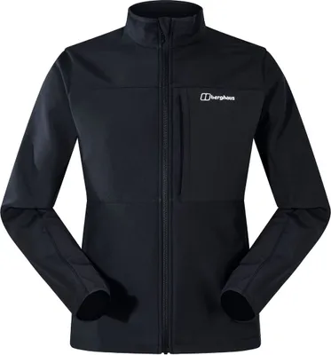 Schwarze Softshelljacke M Ghlas 3.0 von Berghaus; mit durchgehendem Reißverschluss und seitlichen Taschen.