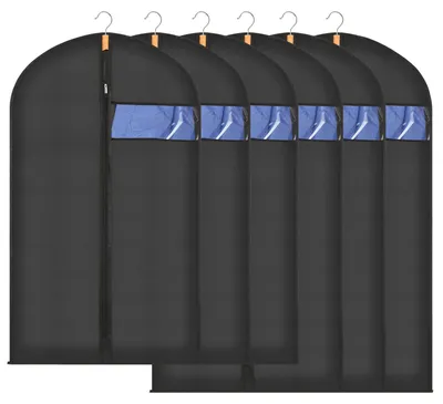 Image de Lot de 6 housses à vêtements, dimensions 120/100 x 60 cm, housses respirantes – étanches à la poussière pour robes longues, manteaux et costumes – lot de rangement pour l'armoire, noir