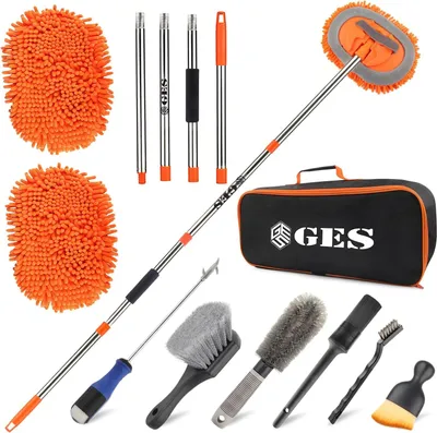 Image de 2-in-1 Autowasborstel Teleskopisch - Wasborstel Avec Tige Télescopique Kit de nettoyage complet pour voiture - Wasborstel Télescopique Avec Poils Doux - Accessoires Inclus - Wasborstel Extensible Voiture - Was Borstel