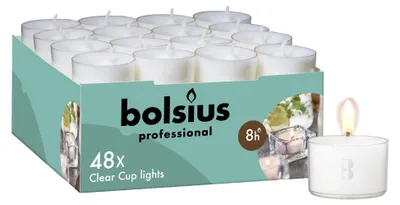 Produktbild von bolsius Genuine Tea Light Candles in Clear Holder Cups Bulk 48 Set. Long Burning