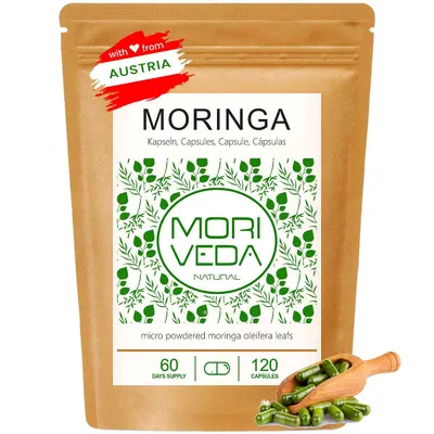 Produktbild von Moringa Kapseln I über 90 Nährstoffe, Proteine, Vitamine I Oleifera Blattpulver I vegan, laktose-, fruktose-, glutenfrei I 120 Stk. von Moriveda