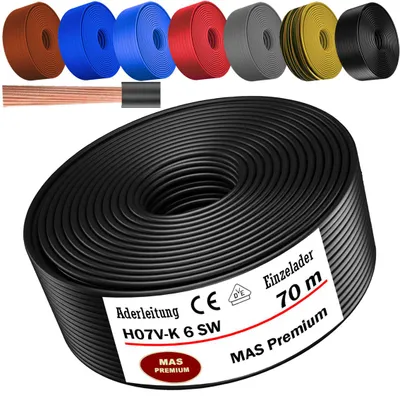 Image de Câble d'alimentation de 70 mètres, type H07 V-K SW, section 1x6 mm², noir, monoconducteur, flexible