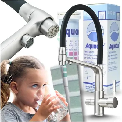 Immagine prodotto di Rubinetto da cucina a 3 vie Ari con doccetta estraibile, canna girevole 360 gradi, acciaio inox satinato, per filtro acqua