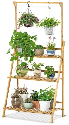 Produktbild von Faltbares Pflanzenregal aus Bambus - 3 Ebenen - 96 x 68,5 x 40 cm - Für Balkon/Terrasse