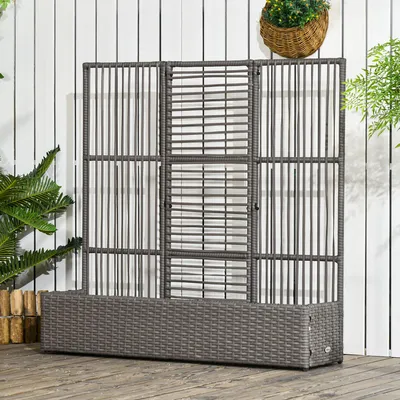 Produktbild von Blumenkasten mit Rankgitter PE-Rattan Stahl, Hochbeet Kletterkasten wetterfest Spalier, Grau | 103x29x103 cm | 6 kg | pulverbeschichtet