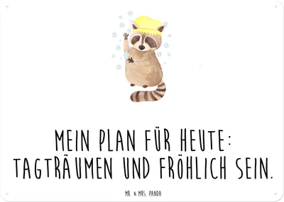 Produktbild von Mr. & Mrs. Panda Schild Waschbär DIN A6 - Weiß - Geschenk, Tagträumen, Seifenblasen, tafel, Fröhlich, Türschild, Waschen, Blechtafel, Gute Laune, Plan, Retro Blechschild
