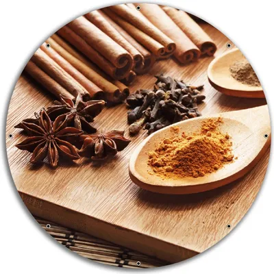 Produktbild von Wallario rundes Outdoor-Poster für Garten oder Balkon, Motiv Kräuter und Gewürze auf Holzlöffeln, 60 cm Durchmesser