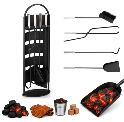 Image de Ensemble d'accessoires pour cheminée Relaxdays, lot de 5 pièces : tisonnier, pelle à cendres, balayette, pince et support, ensemble pour cheminée, noir/argent, Image générée par une IA