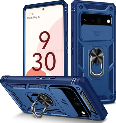 Produktbild von Google Pixel 6 Pro Hülle, Schiebe Kamera Schutz Robust Stoßfest Schutzhülle mit Ringhalterung Ständer Kartenhalter für Google Pixel 6 Pro Blau