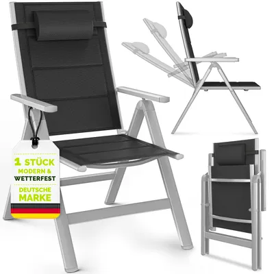 Immagine prodotto di Sedia da giardino Tillvex con imbottitura Premium, 1 pezzo, argento, pieghevole in alluminio | Sedia con schienale alto e braccioli | Sedia pieghevole regolabile | Poltrona pieghevole per balcone, giardino e terrazza