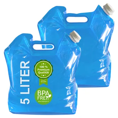 Produktbild von plasteo 2 Stück Wasserkanister 5 Liter faltbar – BPA-frei – Trinkwasserbehälter – Camping, Festival, Garten, Notvorrat, für Wohnmobil, Picknick