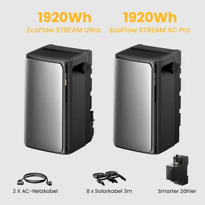 Produktbild von Balkonkraftwerk mit Speicher 3840Wh, EcoFlow Stream Ultra All-in-One 1920Wh Speicher mit Stream AC Pro 1920Wh Speicher für Balkonkraftwerk