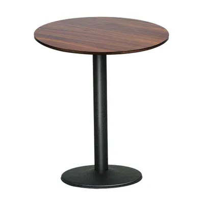 A round wooden table with a black pedestal base, isolated on a white background.