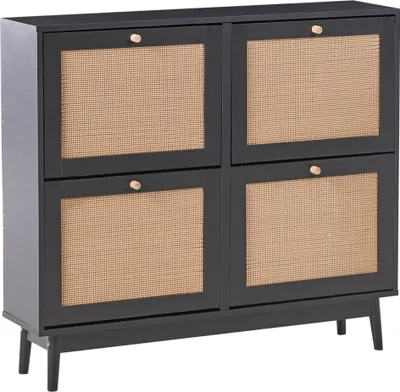 Zdjęcie produktu dla BELIANI Szafka na buty czarna płyta pilśniowa rattan cztery przegrody boho design do przedpokoju
