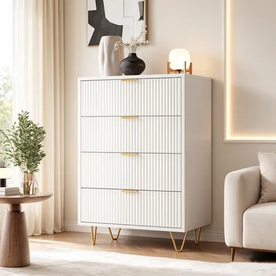 Immagine prodotto di Comodino INONEFT con 4 cassetti, mobile contenitore con maniglie dorate e gambe in metallo, armadietto, cassettiera per camera da letto, soggiorno o ingresso