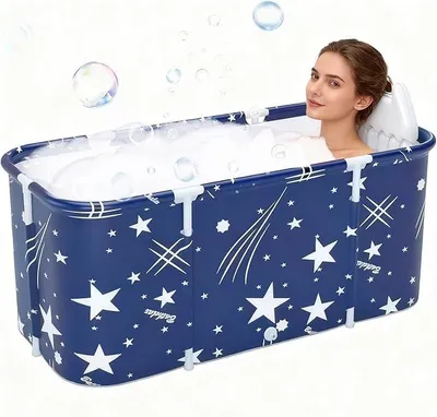 Productafbeelding van Opvouwbaar bad voor in de douche, draagbaar bad voor volwassenen, vrijstaand bad met kussen voor warm bad en ijsbad, 120 x 55 x 50 cm, blauw