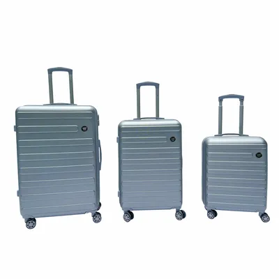 Three silver suitcases of different sizes are displayed against a white background.