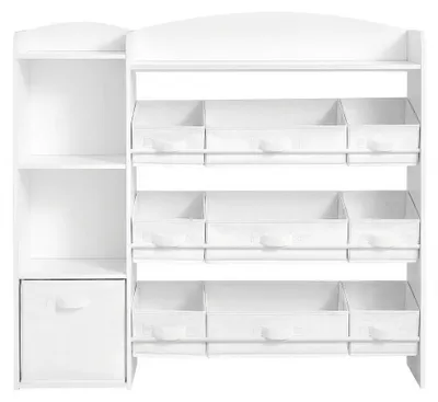 Obrázek produktu pro Regál pro děti se 2 otevřenými policemi, 9 středními policemi a 1 boční policí | Bílá barva | Rozměry: 113,1 x 30 x 104 cm