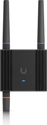 A black Ubiquiti router with two antennas is shown against a white background.