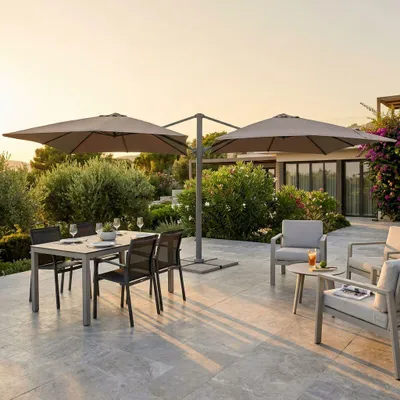 Immagine prodotto di Milani Home - ombrellone da giardino doppio 3 x 3 m con palo laterale decentrato in alluminio, telo poliestere taupe, per terrazzo e piscina