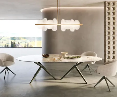 Produktbild von DELIFE Esstisch Edge Oval 280x130 Keramik Minas Melange Weiß-Beige Estelar rund Metall Effektfinish Titan