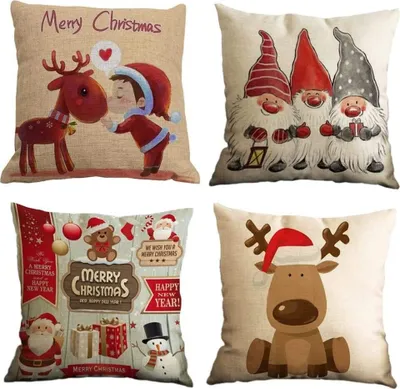 Produktbild von 4 Stück Kissenbezug Frohe Weihnachten Dekorative Kissenhülle Winter Zwerge Elk Weihnachtsmann Muster Baumwolle Leinen Werfen Sie Kissenbezüge 45x45 cm
