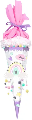 A decorated school cone with a rainbow theme.