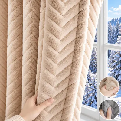 Immagine prodotto di set di 2 tende termiche protezione dal freddo volant nastro coulisse, tenda oscurante flanella opaca 350g/m² soggiorno camera da letto 200x260cm Beige