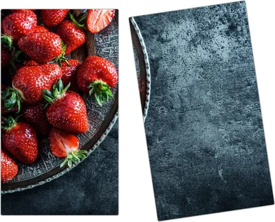 Produktbild von Spritzschutz Herdabdeckplatte Schneidebrett aus Glas Erdbeeren auf Teller 2-Teilig (60x52cm)