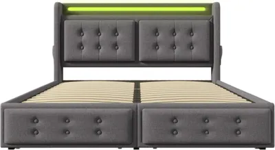 Produktbild von Polsterbett 140x200cm Doppelbett (Ohne Matratze)  Grau Baumwolle Stauraumbett Mit LED und USB C Ladefunktion und 4 Schubladen Mit Metallrahme