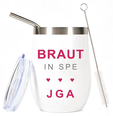 Edelstahlbecher 350 ml weiß mit Deckel und Strohhalm, JGA