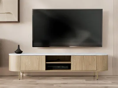 Obrázek produktu pro Široký TV stolek TANGIER - dub cremona / bílý mramor / zlatý