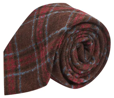 Imagen del producto de Corbata a cuadros en tonos marrón y rojo, confeccionada con una mezcla de lana de alta calidad
