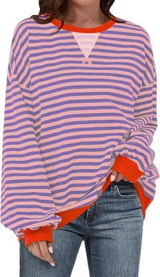 Produktbild von UEU Gestreiftes Oversize-Sweatshirt für Damen, Farbblock, Rundhalsausschnitt, la