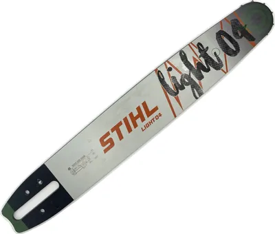 A STIHL chainsaw guide bar with branding and model information.