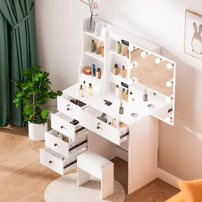 Zdjęcie produktu dla Ereousa toaletka z oświetleniem i przesuwanym lustrem biała 36x80x131cm