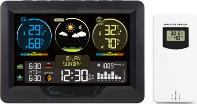 Produktbild von FJ3383M Intelligente Wetterstation mit Uhr, Innen- und Aussentemperatur- und Luftfeuchtigkeitsmesser, multifunktionaler grosser Farbbildschirm, Wetteruhr, Temperatur- und Luftfeuchtigkeitsmesser mit 1 Sensor (unterstuetzt bis zu 3 Sensoren)
