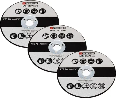 Three cutting discs are stacked on a light gray background.