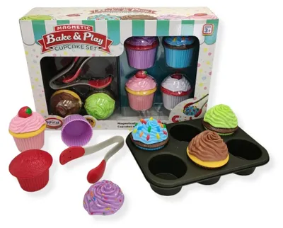 Productafbeelding van Popular Playthings Magnetische Cupcakes – Speelset, 25 onderdelen (6 kleuren, muffinvorm, serveerbord, 2 decoratieharkjes) – Rollenspel: bakkerij, vanaf 3 jaar, CE-gecertificeerd